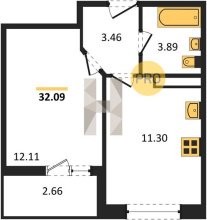 1-к квартира, 32.10м2